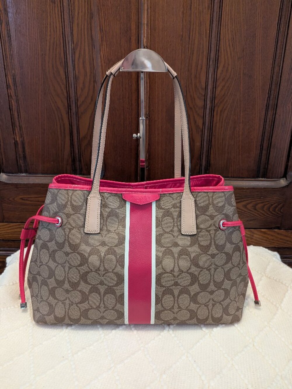 Coach Signature Pink Stripe Large Drawstring Carryall Purse